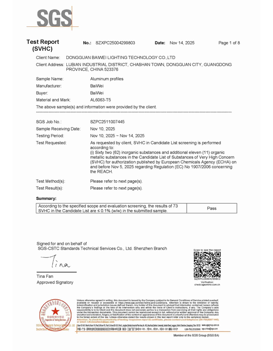 Baiwei aluminum profile REACH certification
