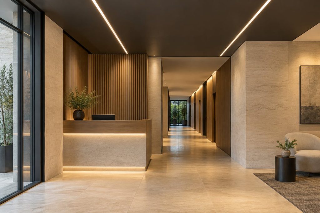 Recessed linear LED lights illuminate a modern lobby with stone walls and wood accents.