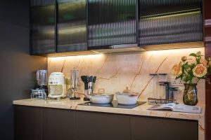 Spotless under cabinet linear LED lighting eliminating hotspots on marble kitchen countertop