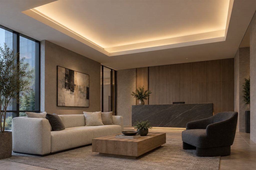 Concealed linear LED lighting illuminates a recessed ceiling above a contemporary reception lounge.