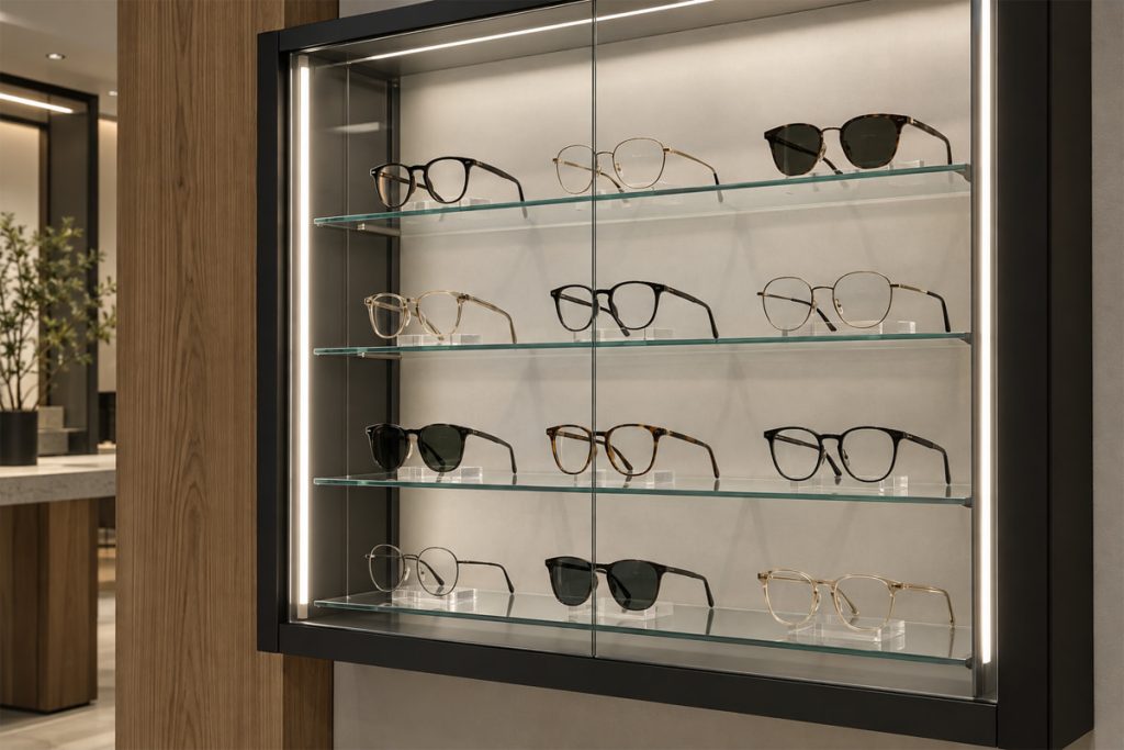 Vertical linear LED lights illuminate eyeglasses on glass shelves in an enclosed display cabinet.