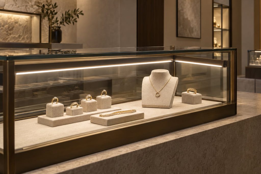 Linear LED lights inside a glass jewelry counter illuminate rings, bracelets and a necklace.