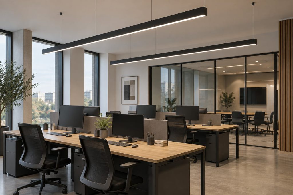 Black suspended linear LED fixtures illuminate desks in a contemporary open-plan office.
