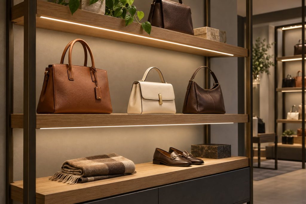 Linear LED lights beneath wooden boutique shelves illuminate handbags, a folded scarf and leather shoes.