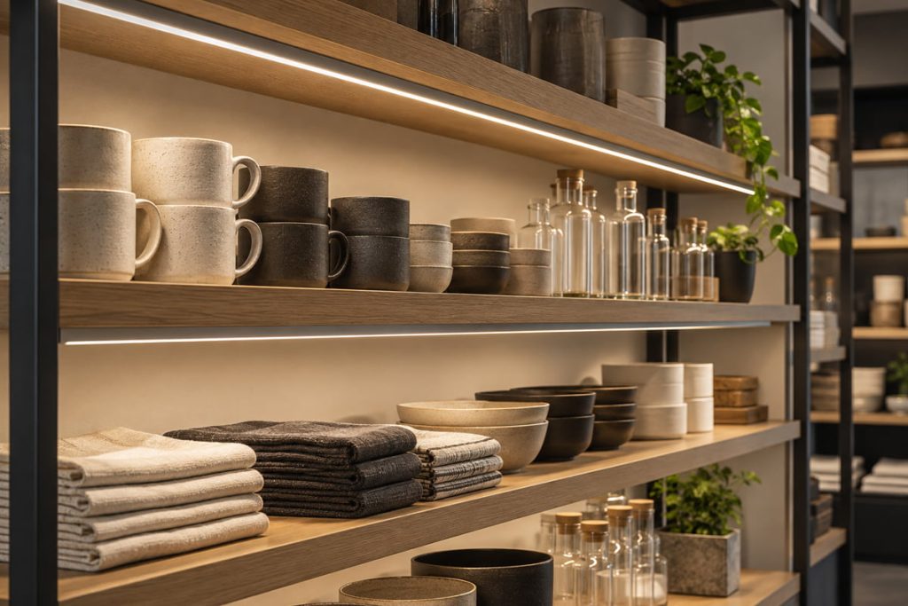 Under-shelf linear LED lights illuminate ceramics and glassware on wooden retail shelves.