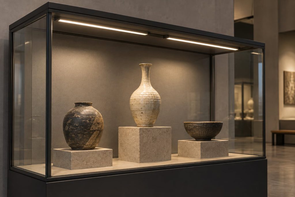 Linear LED lights in a glass display case illuminate ceramic vessels on stone plinths.