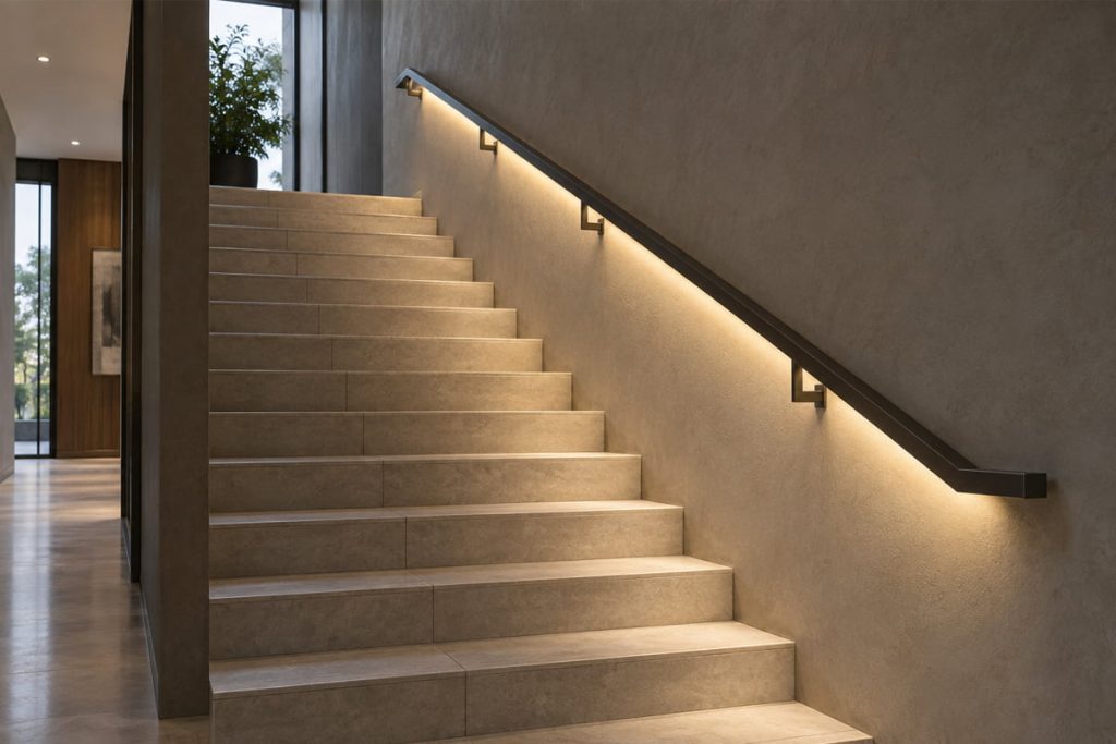 A linear LED light beneath a wall-mounted handrail illuminates a flight of stone stairs.