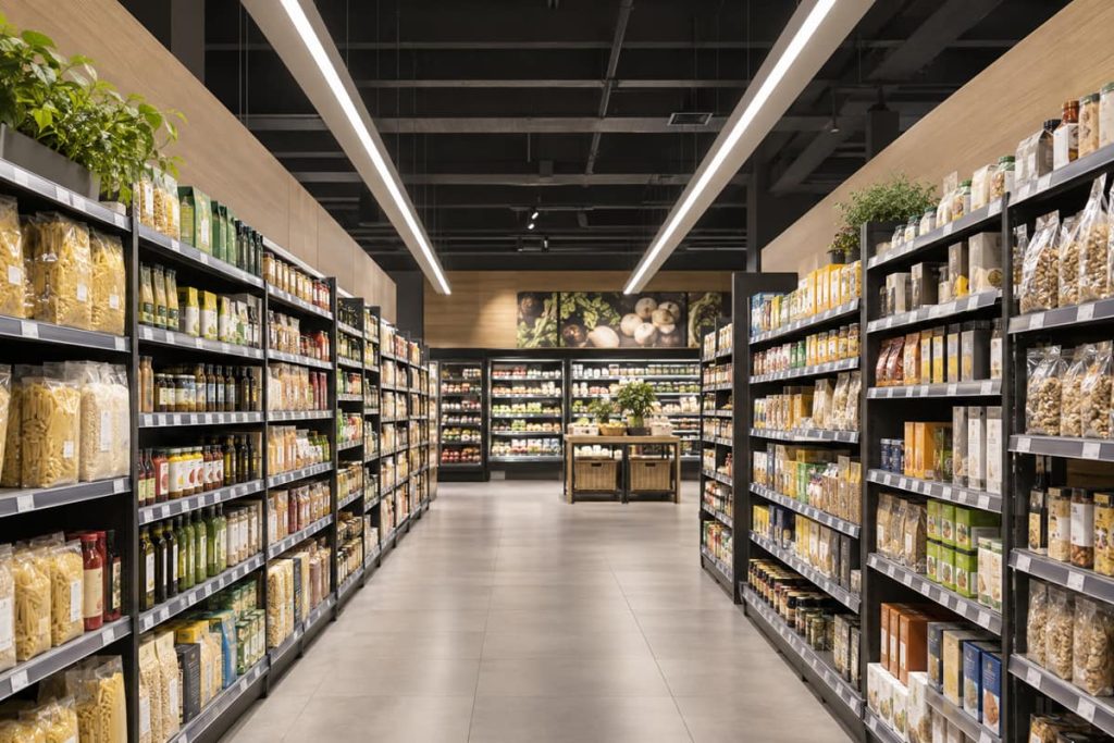 Continuous ceiling-mounted linear LED lights run above a supermarket aisle between stocked shelves.