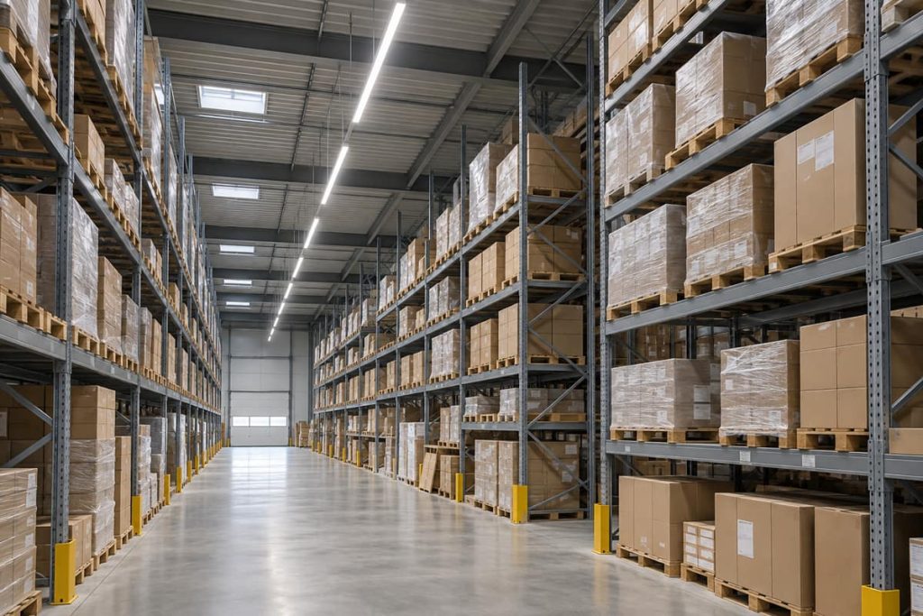 Suspended linear LED lights illuminate a warehouse aisle between tall pallet racks.
