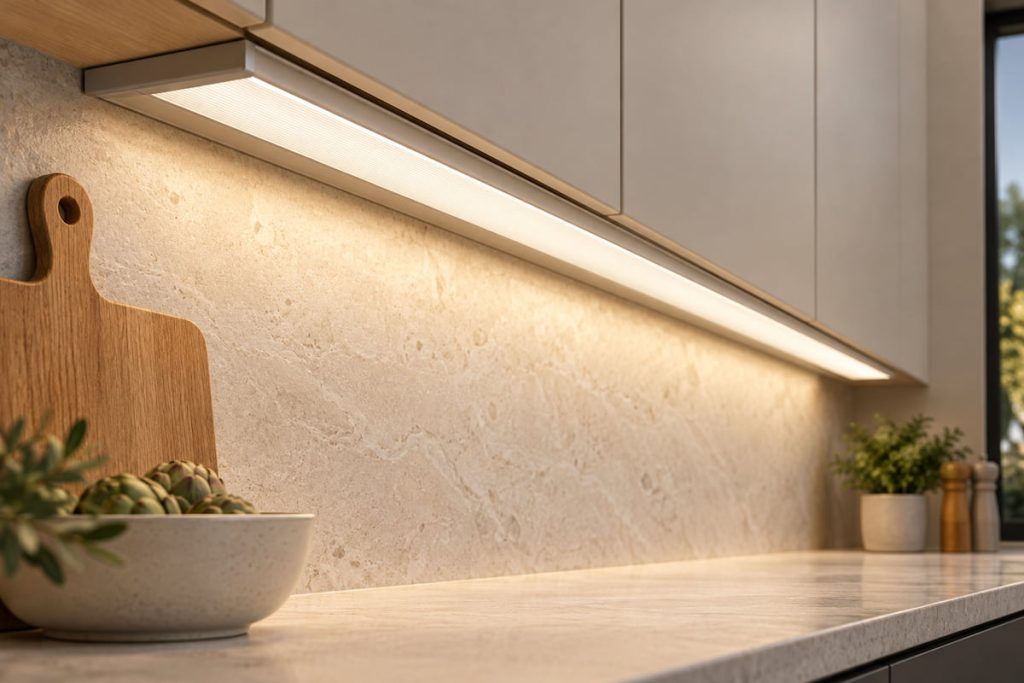 A linear LED light beneath upper cabinets illuminates a stone kitchen countertop and backsplash.
