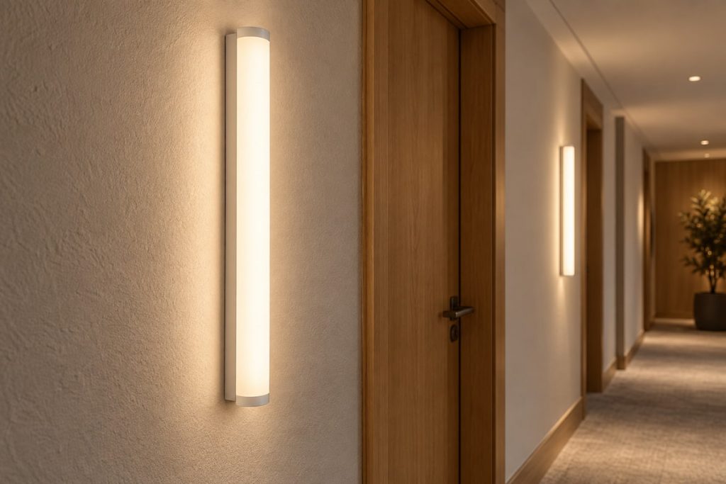 Vertical linear wall lights illuminate a hotel corridor with textured walls and wooden doors.