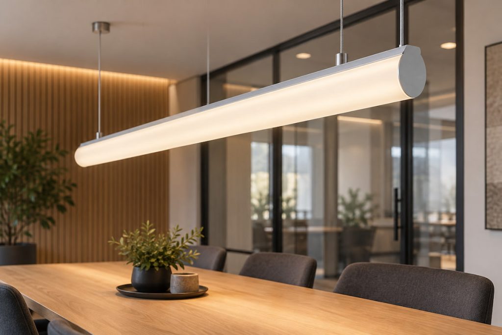 A suspended linear LED light illuminates a wooden meeting table in a modern conference area.