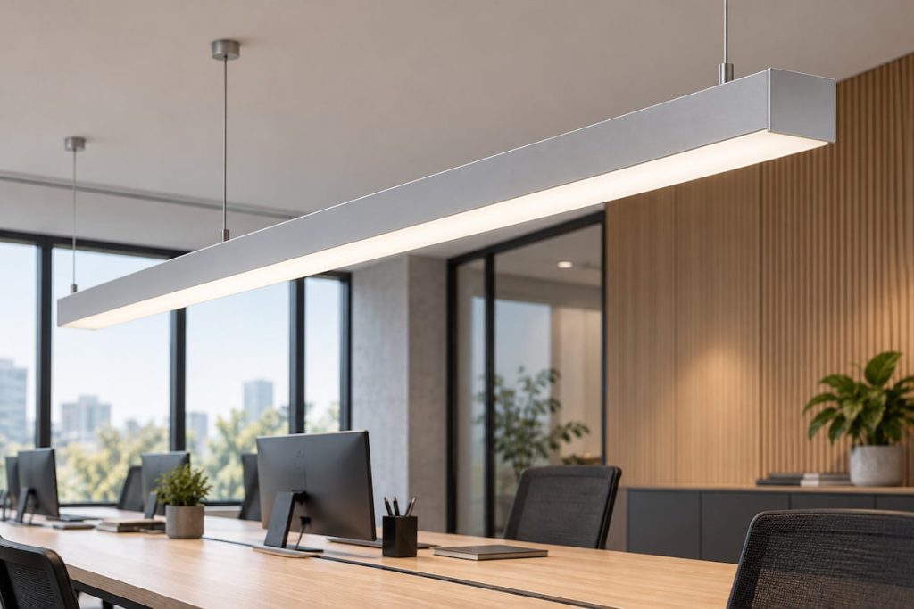 A suspended linear LED fixture illuminates wooden desks in a modern open-plan office.