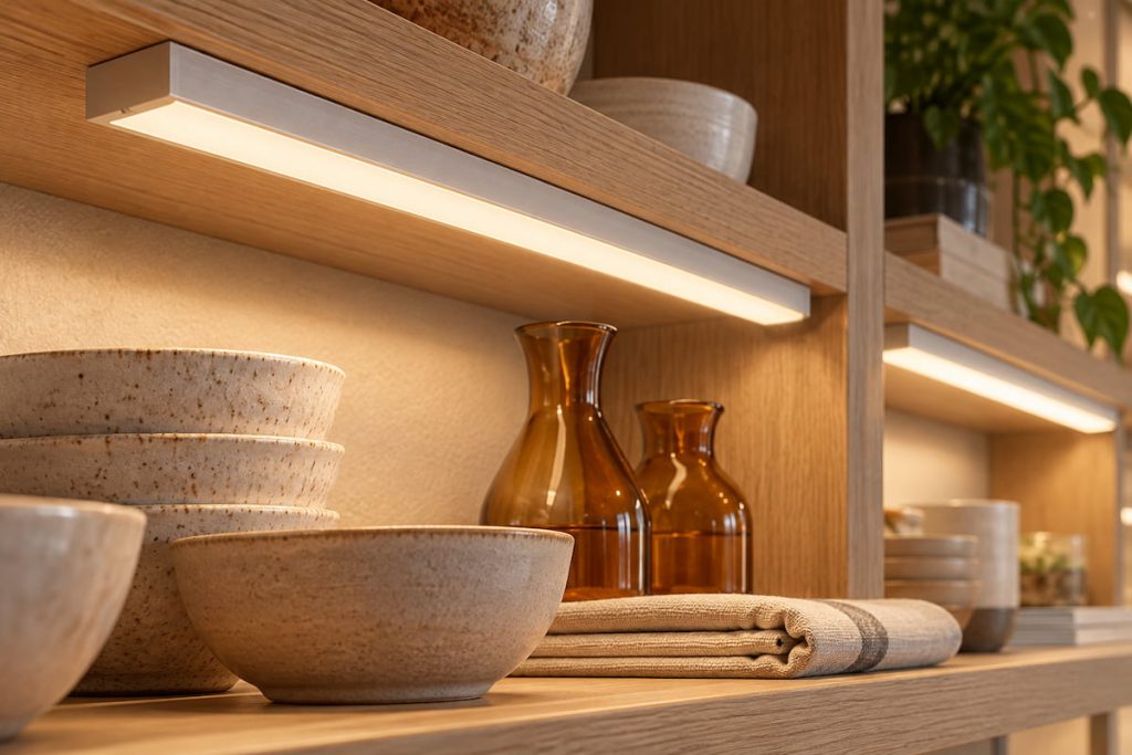 Under-shelf linear LED lights illuminate ceramic bowls and amber glassware on wooden retail shelves.