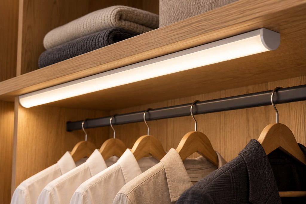 An under-shelf linear LED light illuminates hanging shirts and a jacket inside a wooden wardrobe.